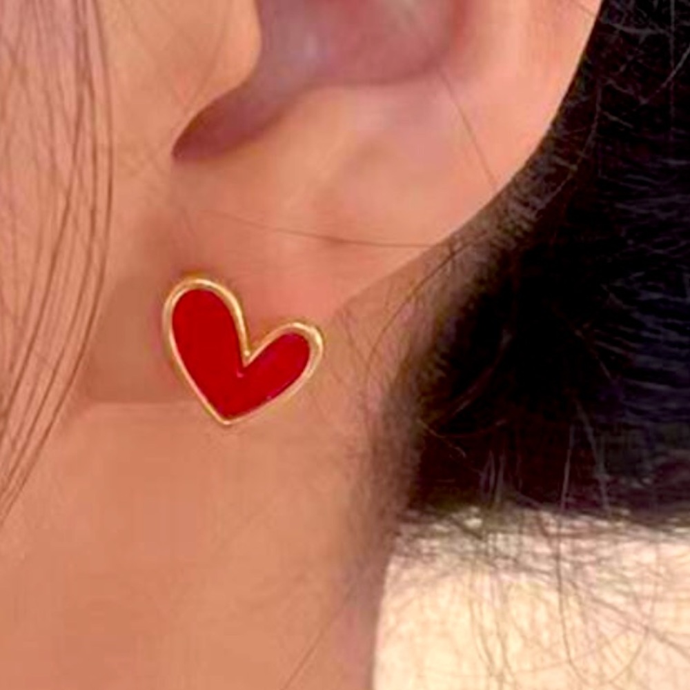 Red Hot Heart Enamel Gold Tone Holiday Boho Dainty Valentines Victorian EARRINGS